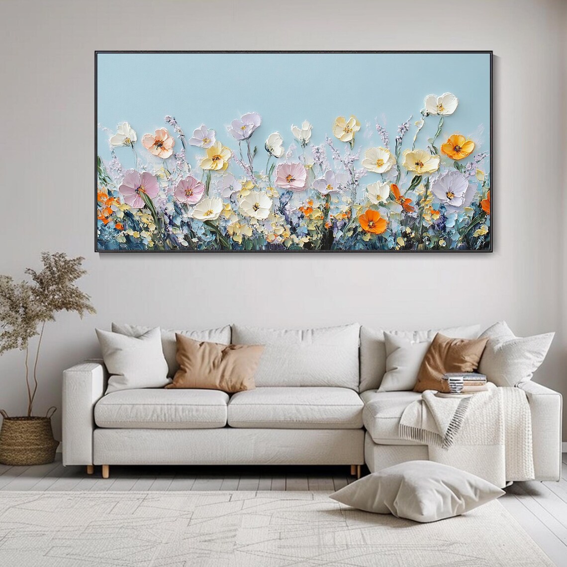 Pastel Wildflower Meadow Soft Blue Sky Panoramic Painting Wall Poster - Image 2