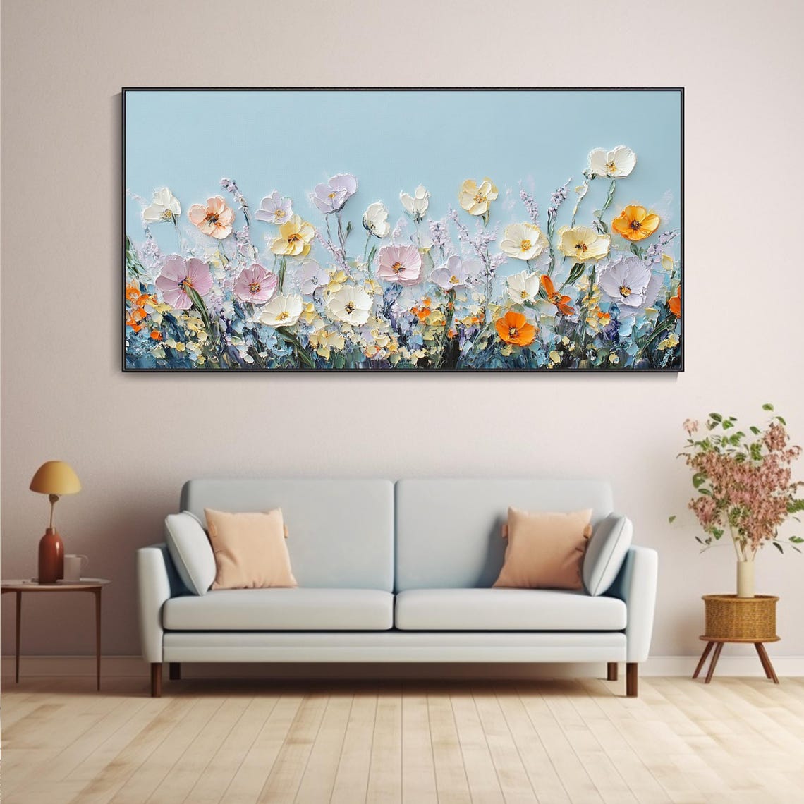 Pastel Wildflower Meadow Soft Blue Sky Panoramic Painting Wall Poster - Image 4