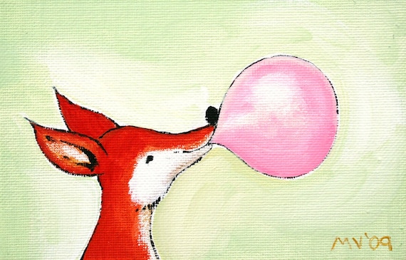 Red Fox Blowing Pink Bubblegum Bubble Whimsical Kids Art Poster
