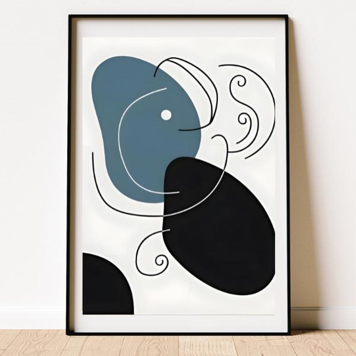 Mid Century Abstract White Blue Black Swirl Shapes Art Poster