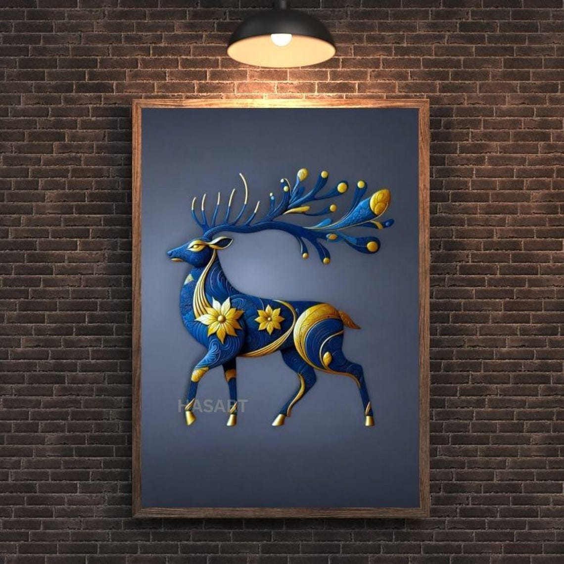 Blue And Gold Stylized Stag With Sweeping Decorative Antlers Poster