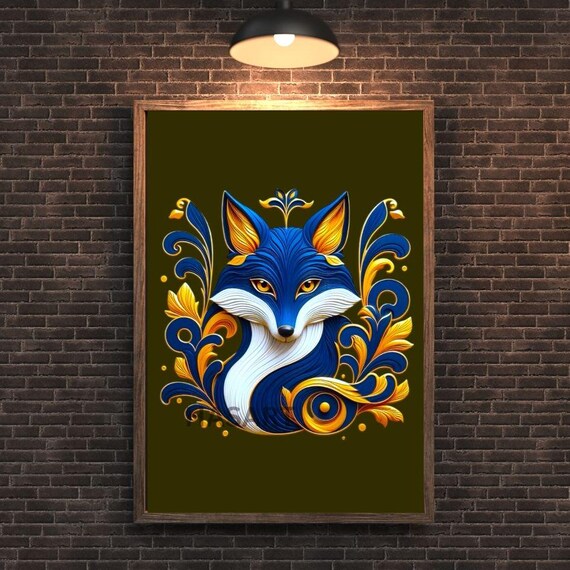 Blue And Gold Ornamental Fox Face Decorative Modern Art Poster