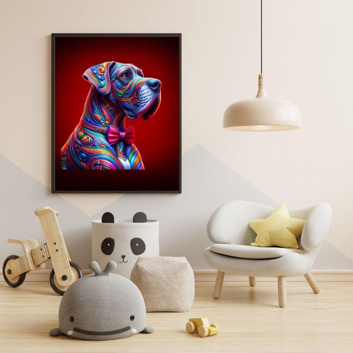 Rainbow Swirl Dog with Pink Bow Tie on Bold Red Pop Art Poster - Image 3