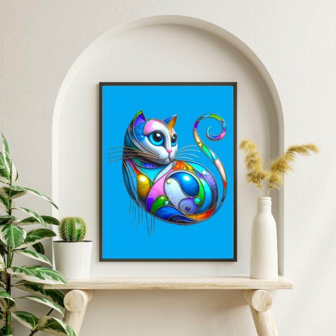 Stained Glass Rainbow Curled Cat Portrait On Blue Modern Art Poster - Image 2