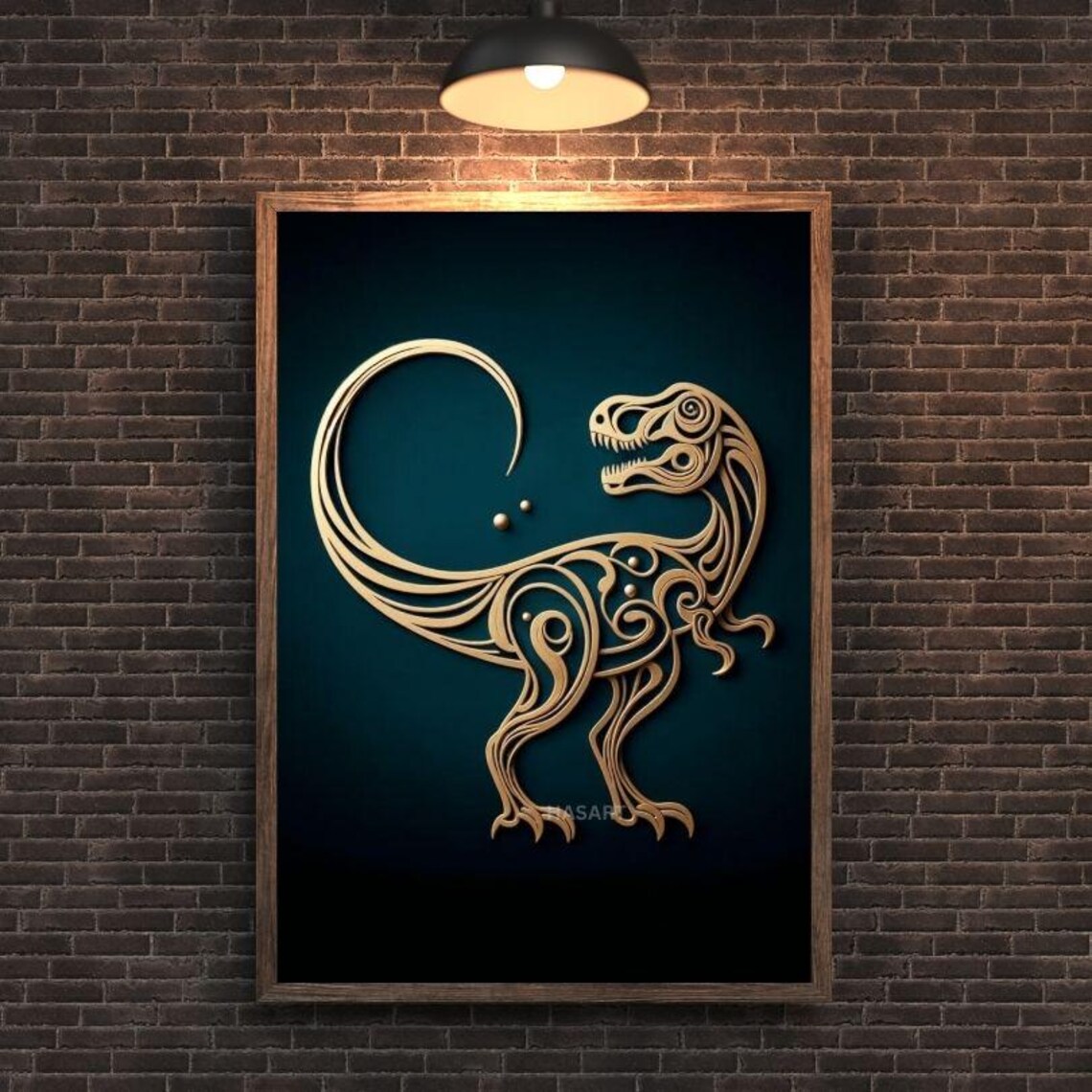 Elegant Golden T-Rex Line Art on Dark Teal Tribal Dinosaur Poster