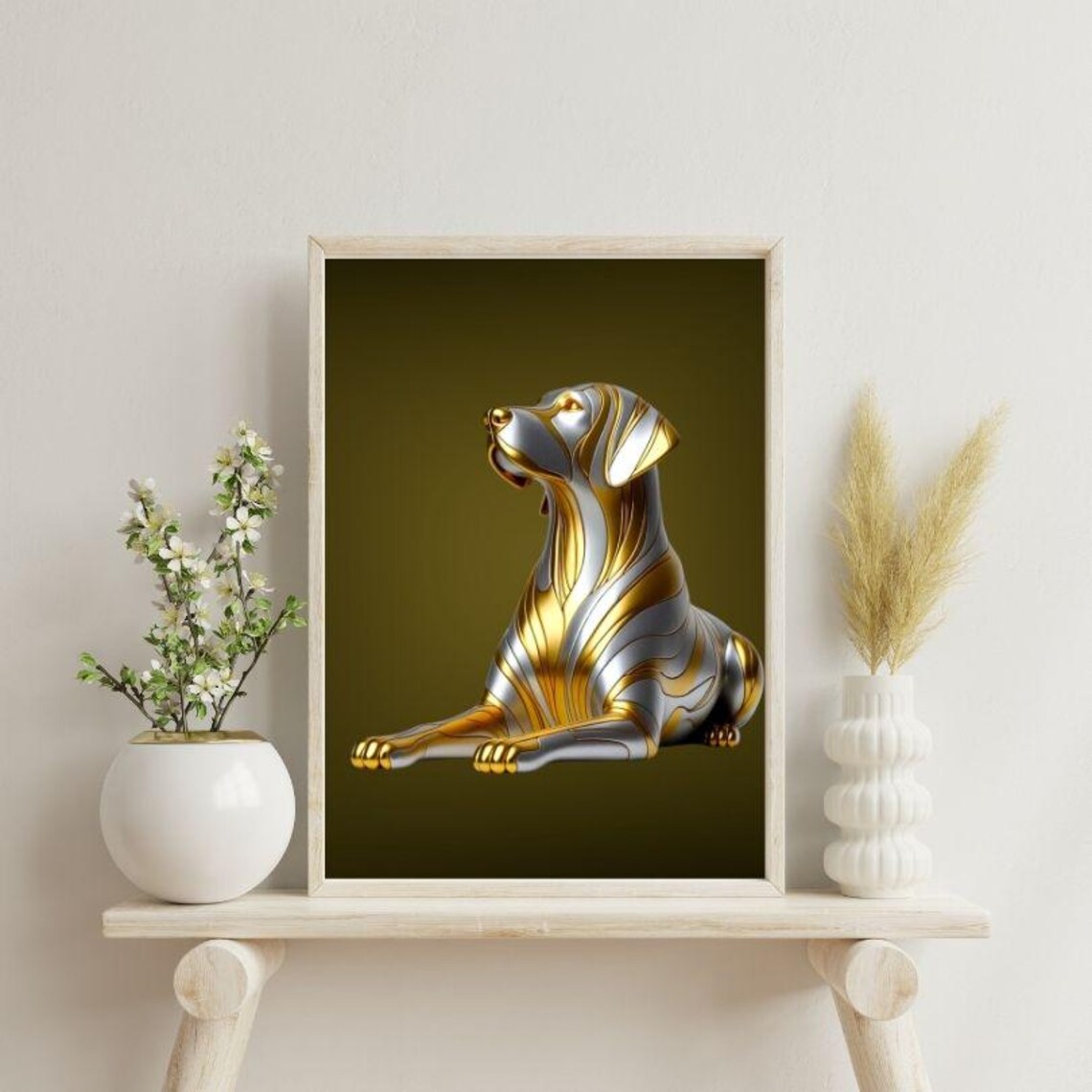 Noble Silver and Gold Sitting Dog Sculpture Portrait Art Poster - Image 3