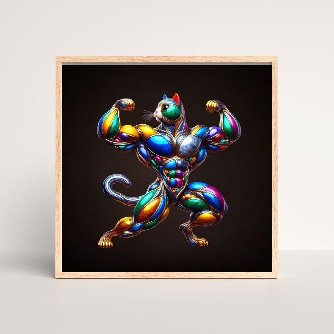 Muscular Cat Flexing Double Biceps in Funny Gym Art Style Poster - Image 3