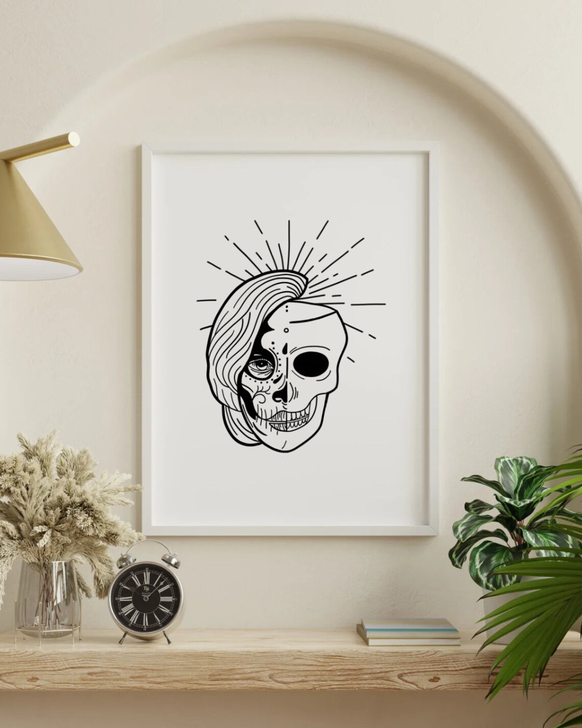 Mexican Skull Woman Face Sunburst Gothic Day of Dead Art Poster - Image 2