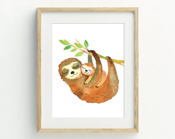 Mom And Baby Sloth Watercolor Cute Sleeping Nursery Animal Wall Art Print