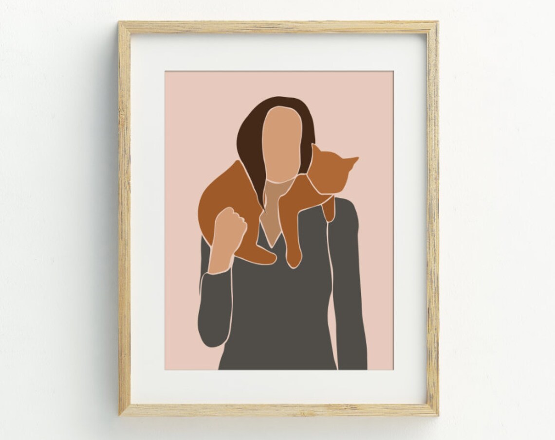 Woman Holding Ginger Cat Minimalist Modern Boho Pet Lover Wall Art Print