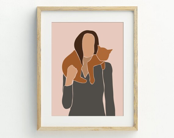 Woman Holding Ginger Cat Minimalist Modern Boho Pet Lover Wall Art Print