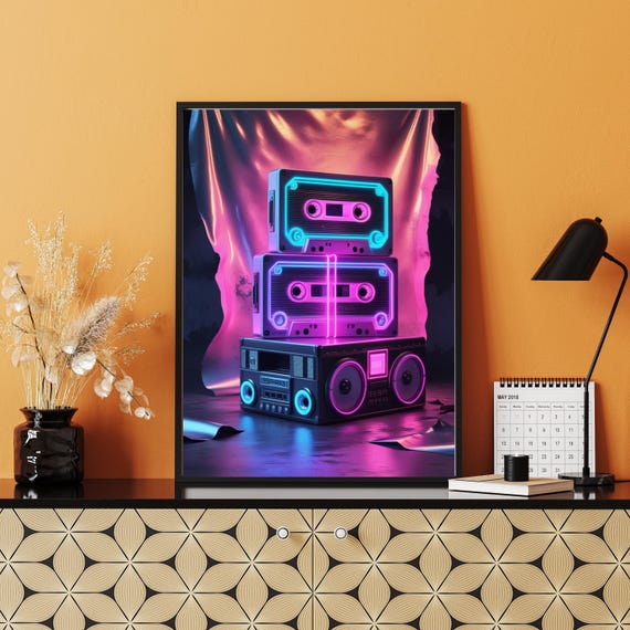 Retro 90s Cassette Poster Neon Vaporwave Wall Art Print Vintage Music Decor