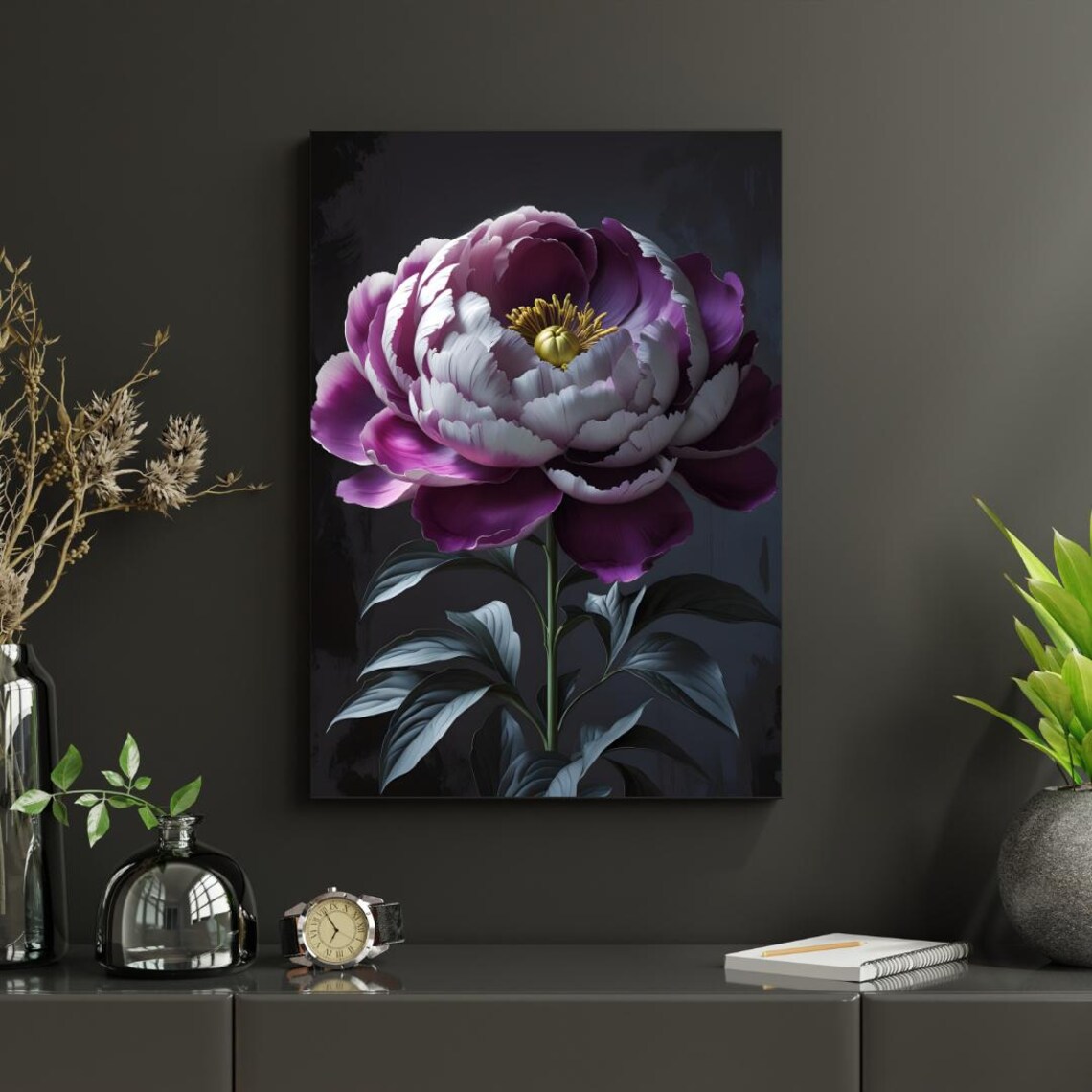 Oversized Purple Peony Oil Painting Dark Romantic Botanical Flower Poster