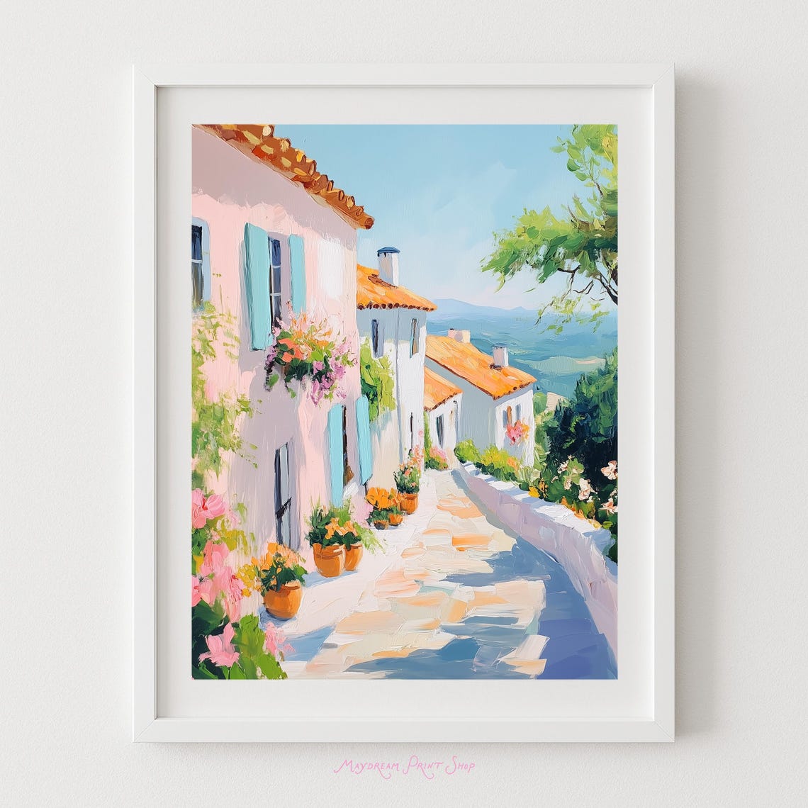 Floral Village Scene Print European Street Art Mediterranean Lane Alleyway Painting For Travel Collage