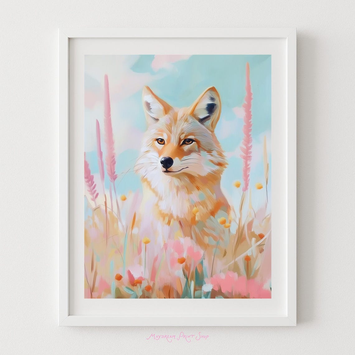 Pastel Fox Portrait Wildflower Meadow Cute Woodland Animal Art Poster