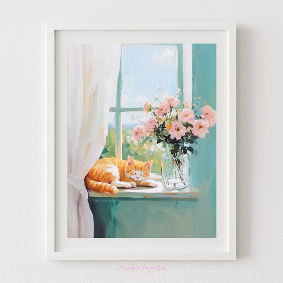 Sleeping Ginger Cat On Sunny Windowsill With Pink Roses Art Poster