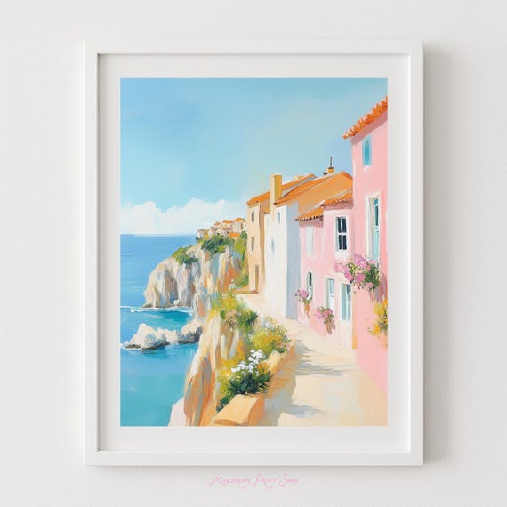 Coastal Village Art Pastel European Architecture Mediterranean Sea Print Cliffside Town Colorful Preppy Decor