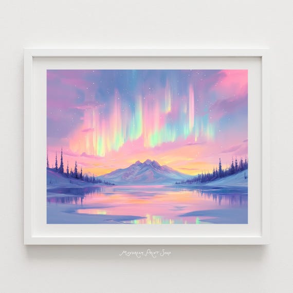 Northern Lights Landscape Painting Art Aurora Borealis Wall Decor Snowy Mountain Lake Reflection Dreamy Colorful