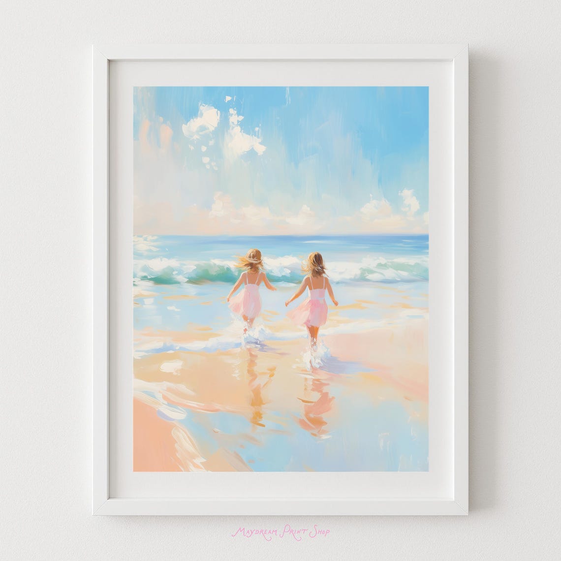 Sisters Running Into Ocean Waves Pastel Beach Painting Art Poster