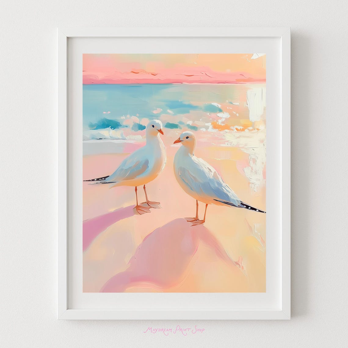 Seabirds on Pastel Beach at Sunset Coastal Art Painting Poster