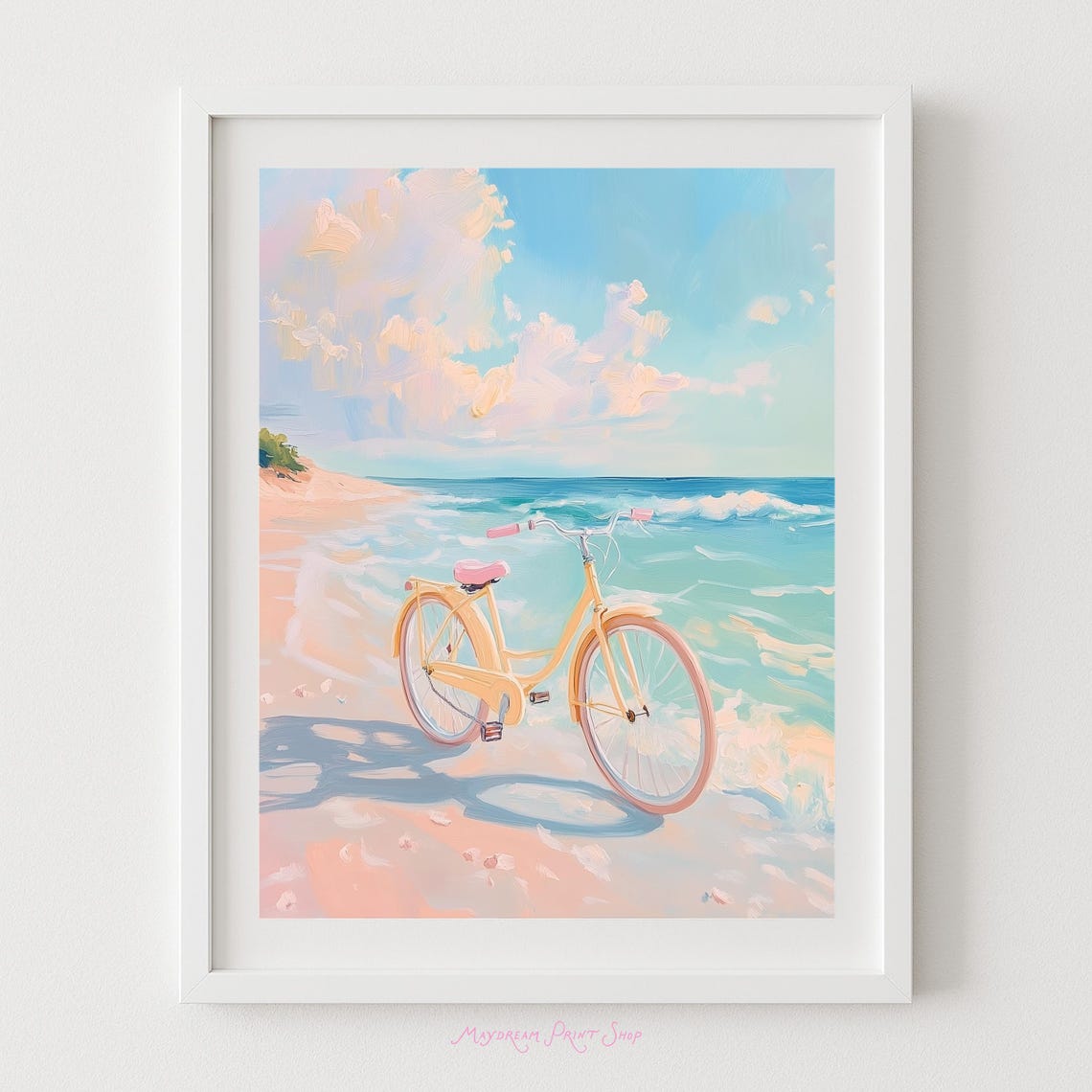 Yellow Beach Cruiser Bicycle on Sandy Shore Pastel Art Poster
