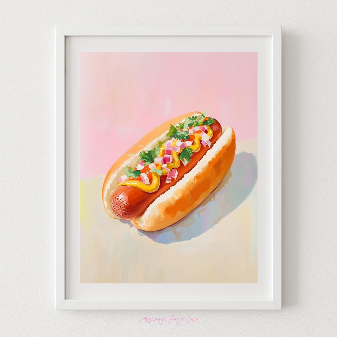 Loaded Hot Dog Mustard Onions Cilantro Playful Pop Food Art Poster