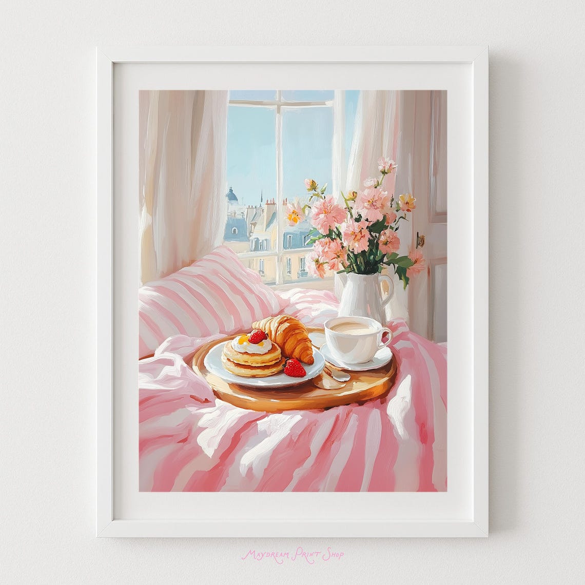 Breakfast In Bed Paris View Pancakes Croissant Coffee Art Poster