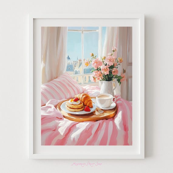 Breakfast In Bed Artwork Pink Paris Brunch Art Striped Sheets With A Tray Of Pancakes Croissant Coffee Instant