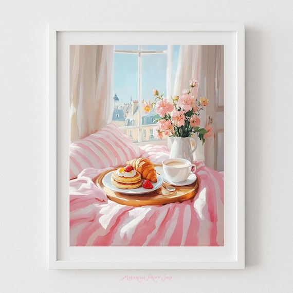 Breakfast In Bed Paris View Pancakes Croissant Coffee Art Poster