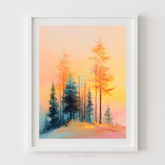Autumn Trees Art Fall Wall Decor Sparkly Orange Harvest Colors Halloween Instant Home