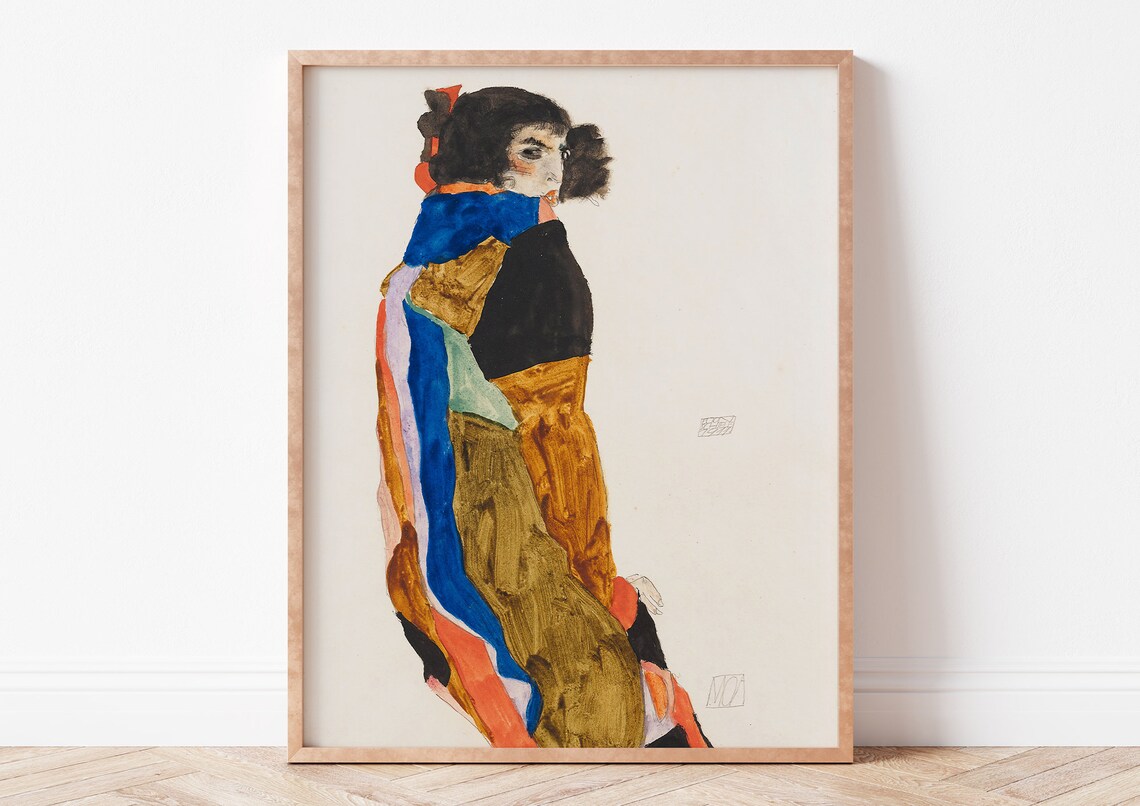 Egon Schiele Woman In Colorful Striped Shawl Portrait Art Poster
