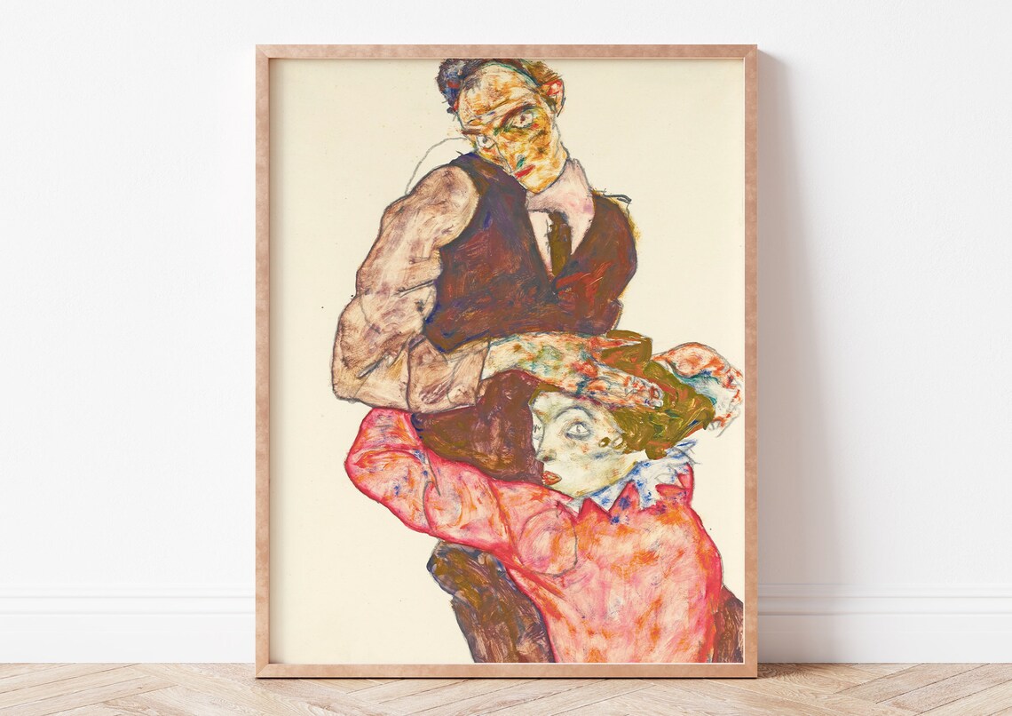Lovers by Egon Schiele, Expressionist Art Print