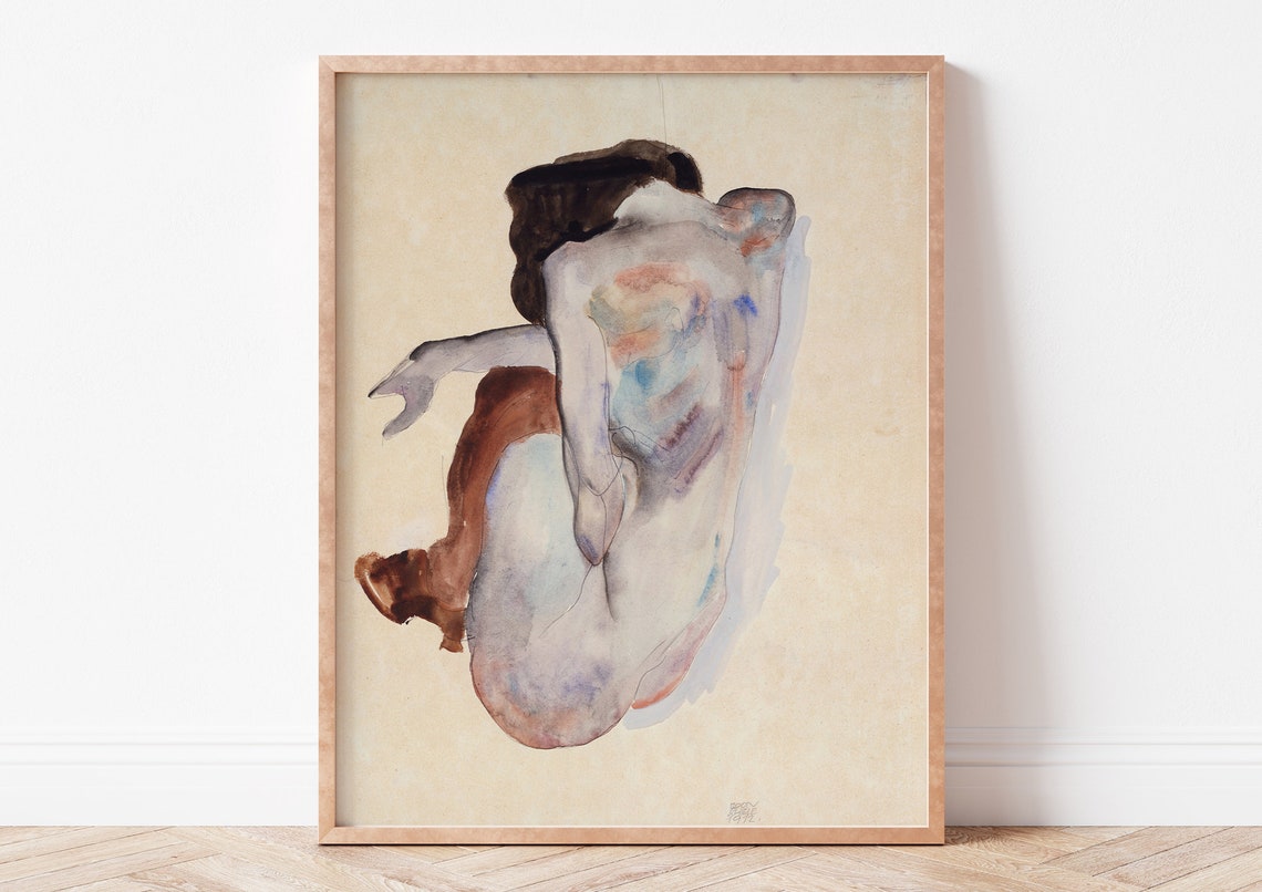 Egon Schiele Crouching Nude Watercolor Expressionist Art Poster