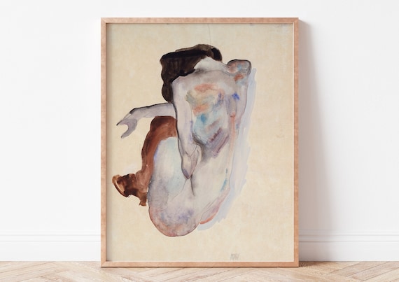 Egon Schiele Crouching Nude Watercolor Expressionist Art Poster