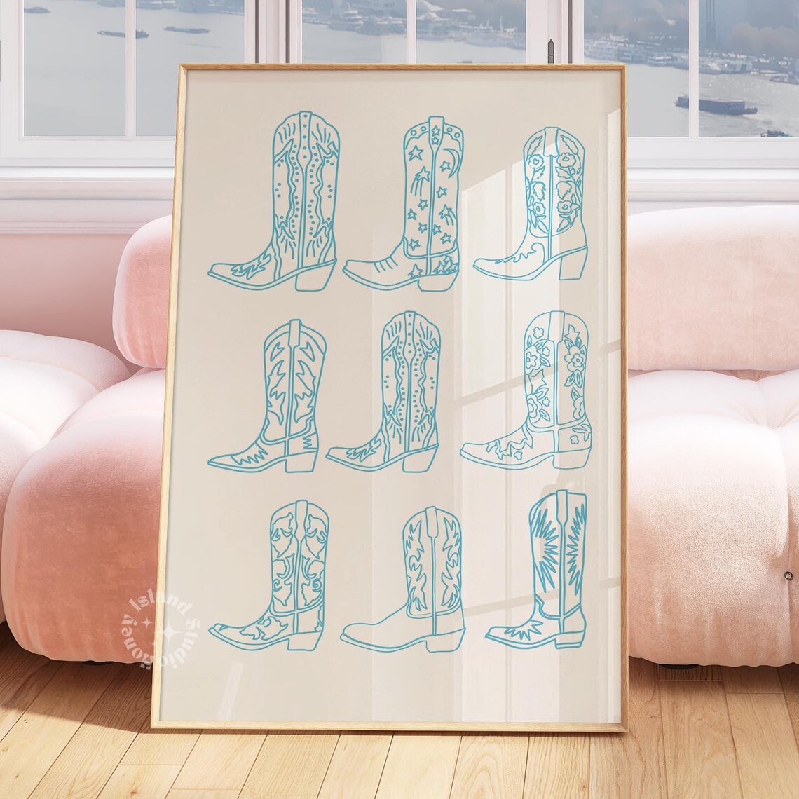 Blue Cowgirl Boots Line Art Western Collection Artwork Poster