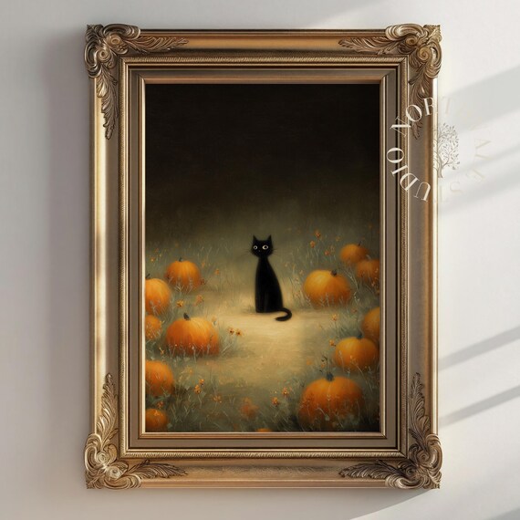 Black Cat Sitting In Moody Pumpkin Patch Autumn Night Wall Art