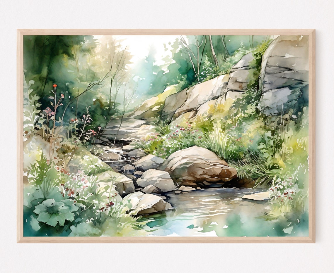 Forest Pond Watercolor Sunlit Stream Boulders Wildflowers Art Poster