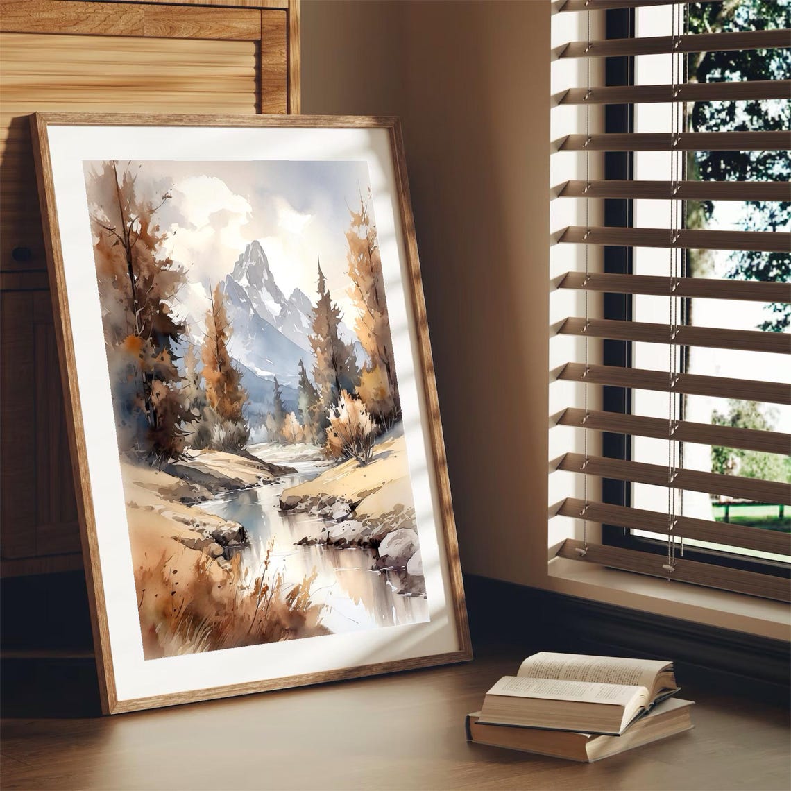 Autumn River Valley Golden Trees Snow Peak Watercolor Mountain Poster - Image 5