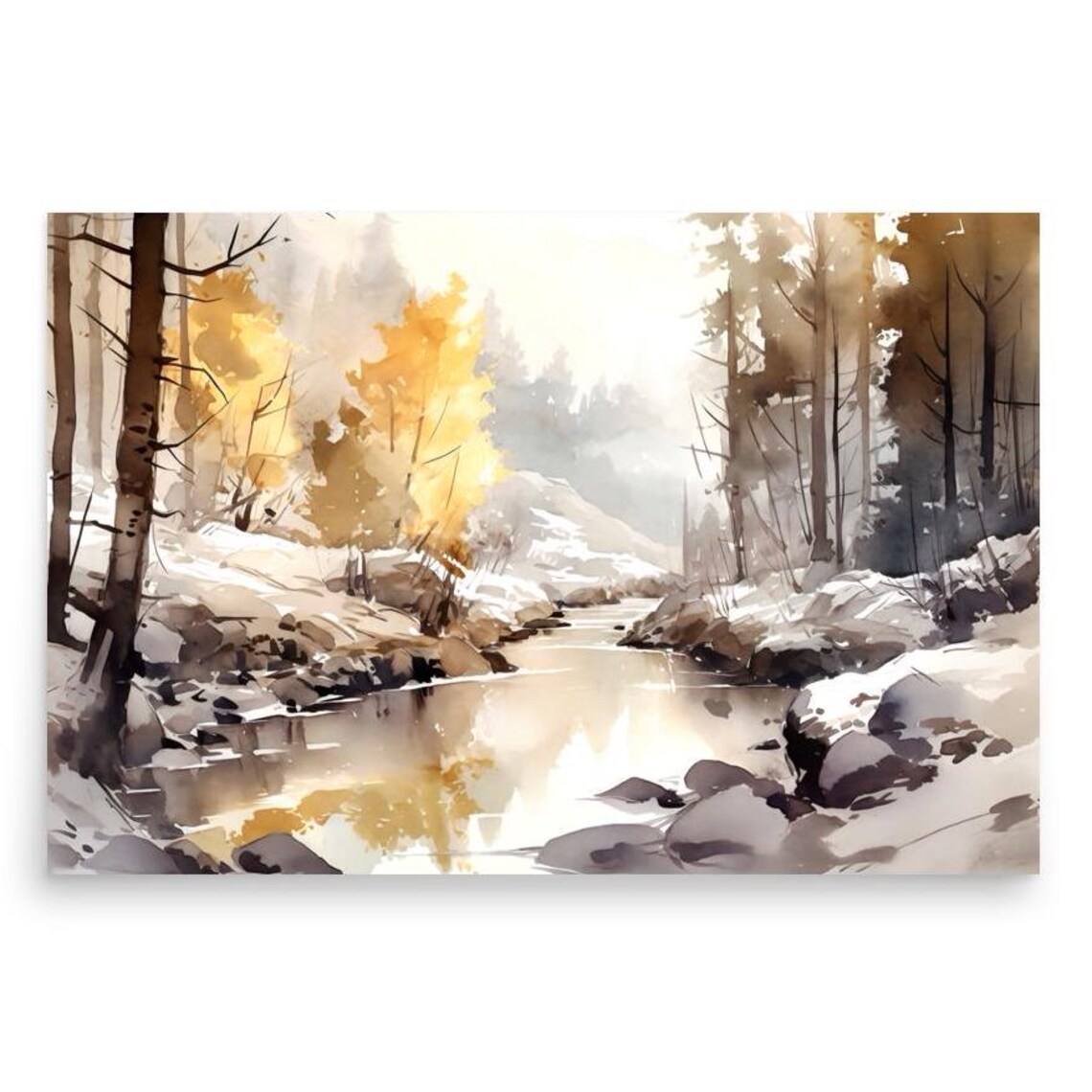 Winter River Through Snow Golden Autumn Trees Glow Watercolor Scene Poster - Image 2