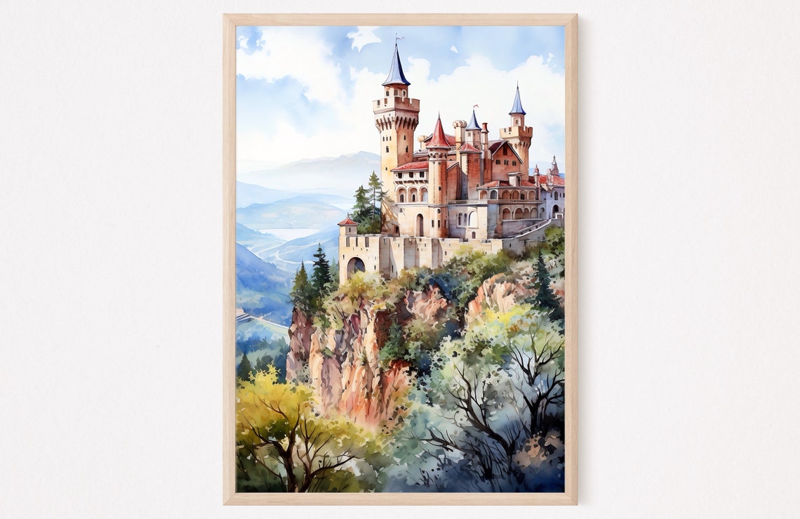 San Marino Hilltop Castle Fortress Watercolor on Rocky Cliff Poster
