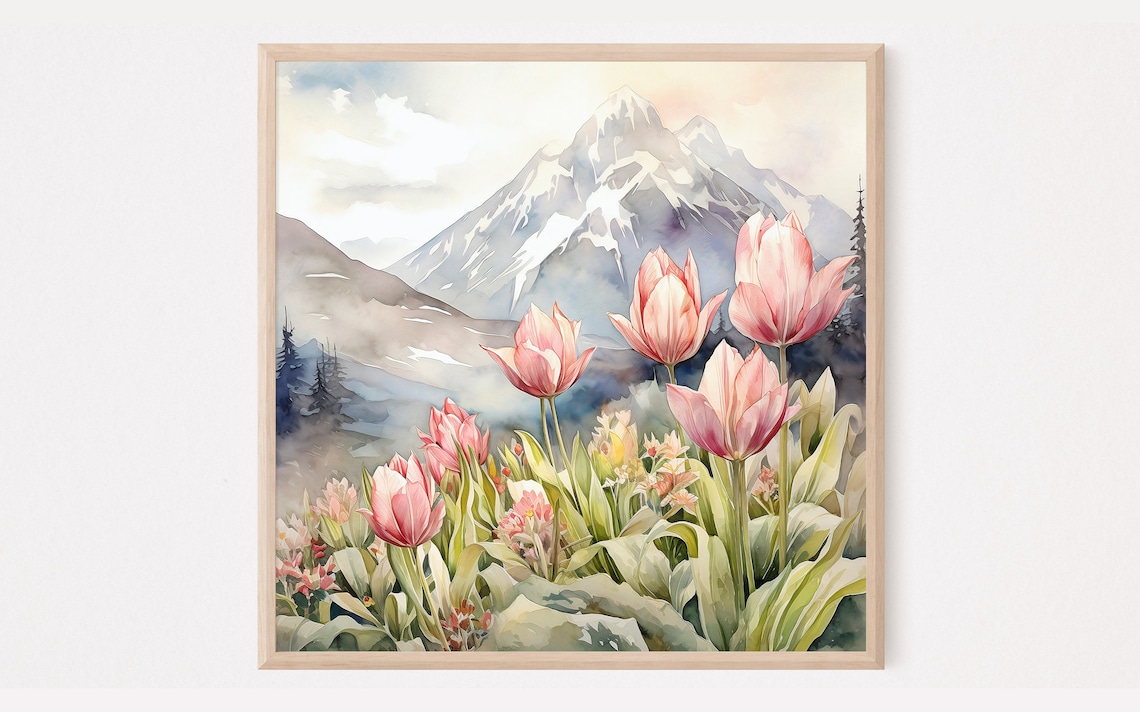 Tulips Flowers Alaska Mountain Landscape Watercolor Art Print