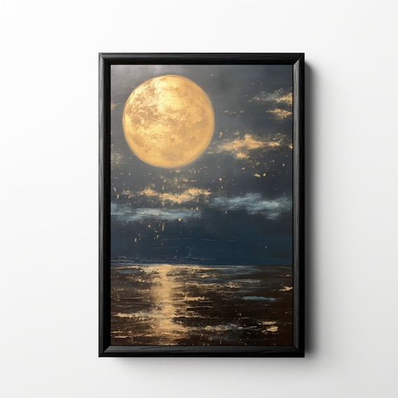 Vintage Night Sky Oil Painting Full Moon Over Dark Water Wall Art Golden Moon Celestial Print Moody Dark Academia Starry Night