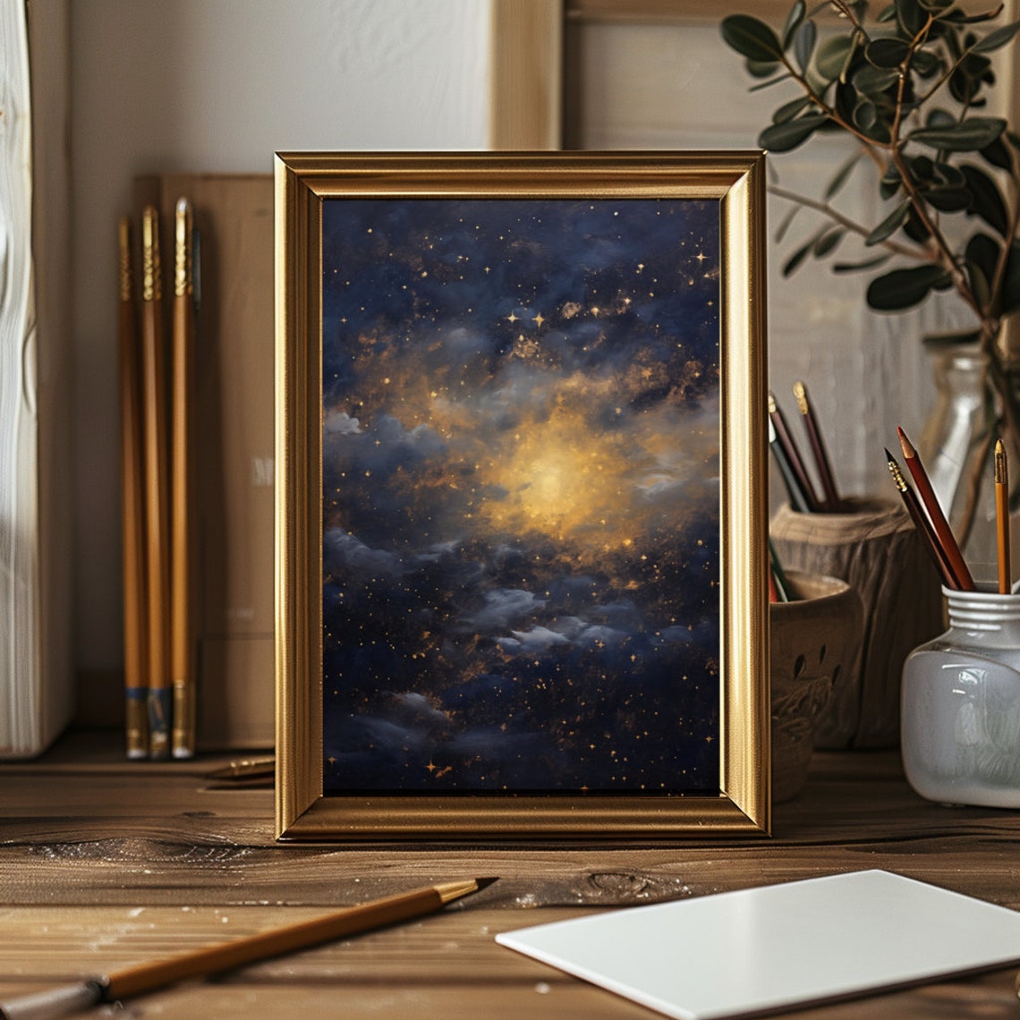 Celestial Night Sky Oil Painting Starry Night Sky Wall Art Dark Celestial Print Golden Moon Artwork Dark Academia Moody Decor - Image 2
