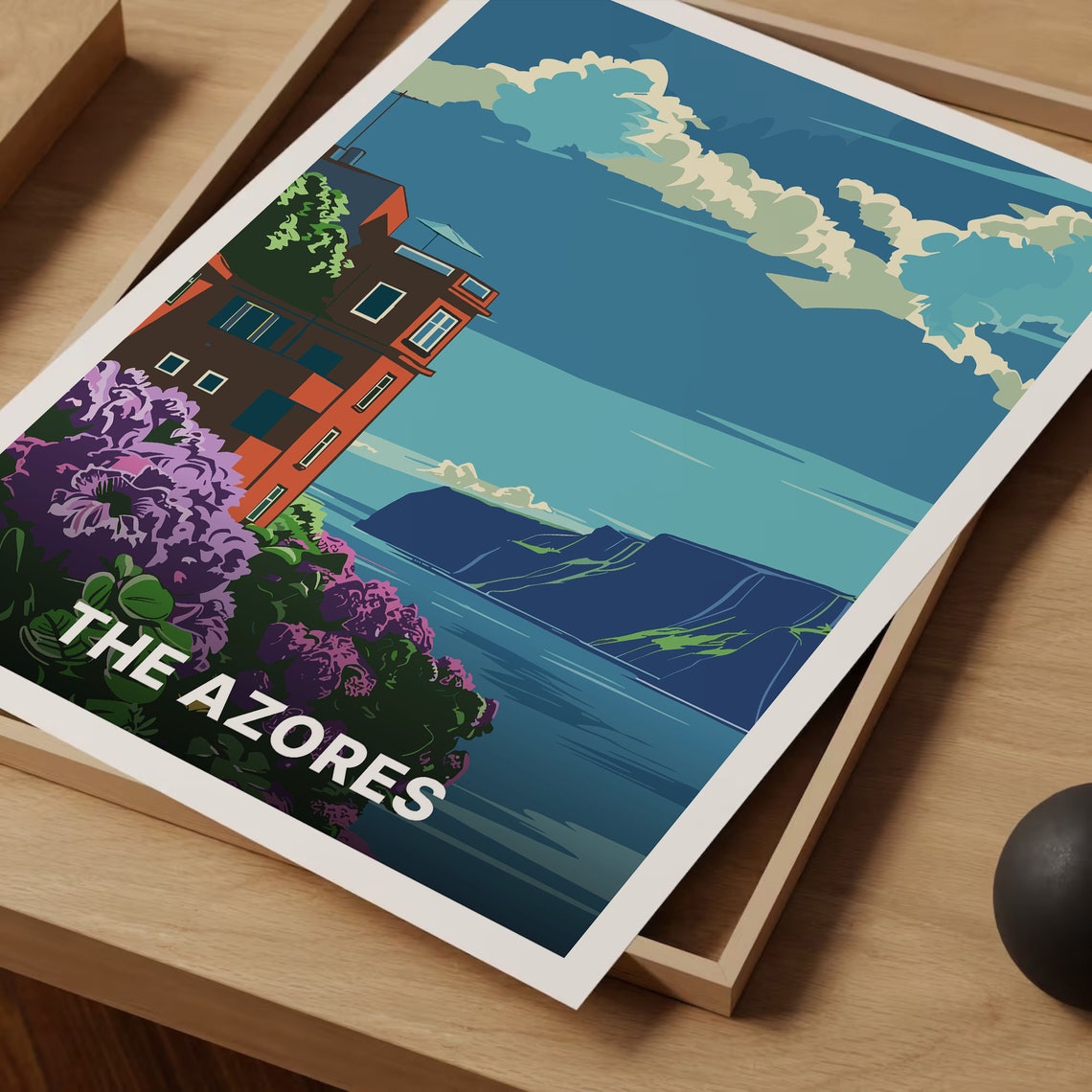 The Azores Portugal Vintage Travel Poster Coastal Cliffs Flower Art - Image 3