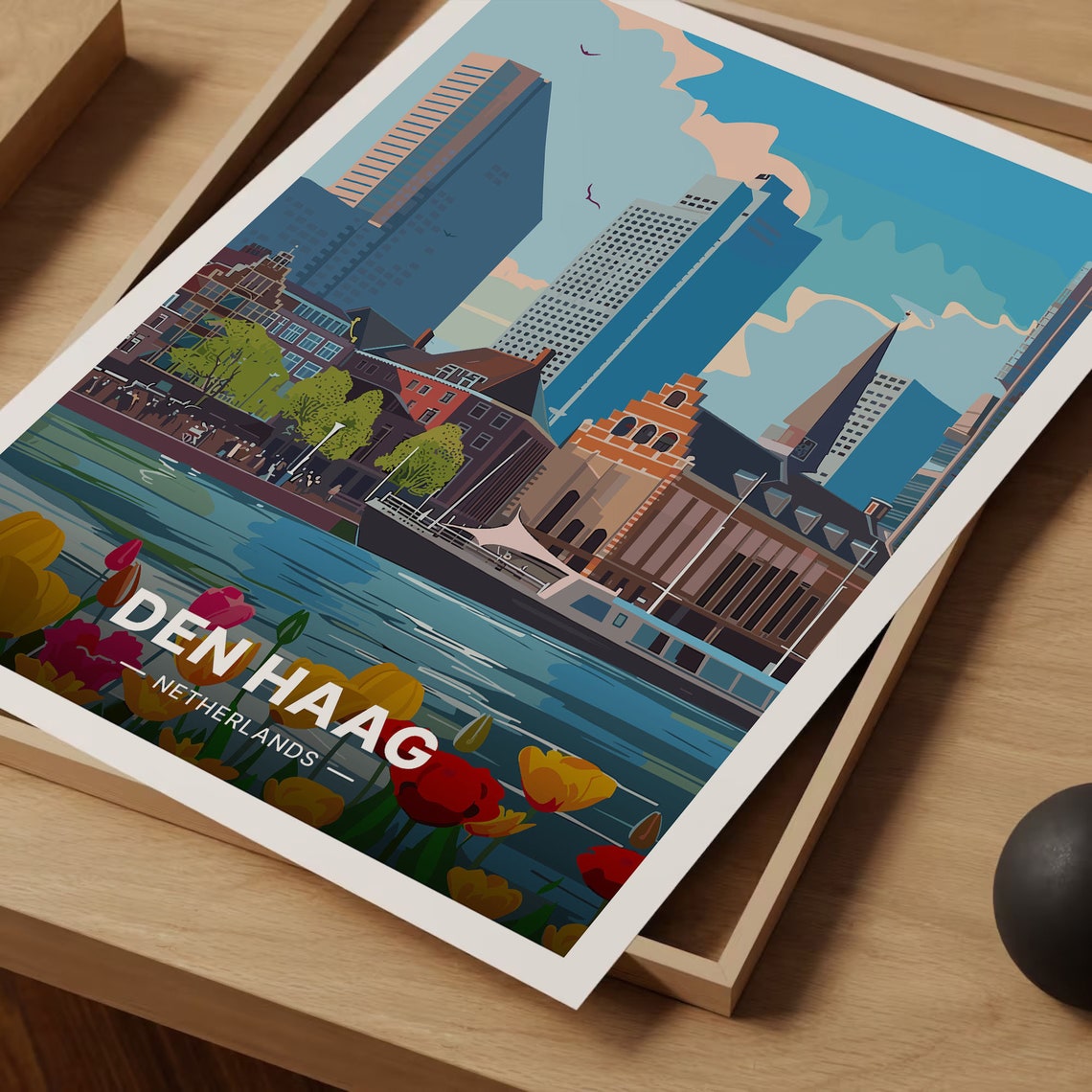 Den Haag Netherlands Modern Skyline Canal Boats Tulips Poster - Image 3