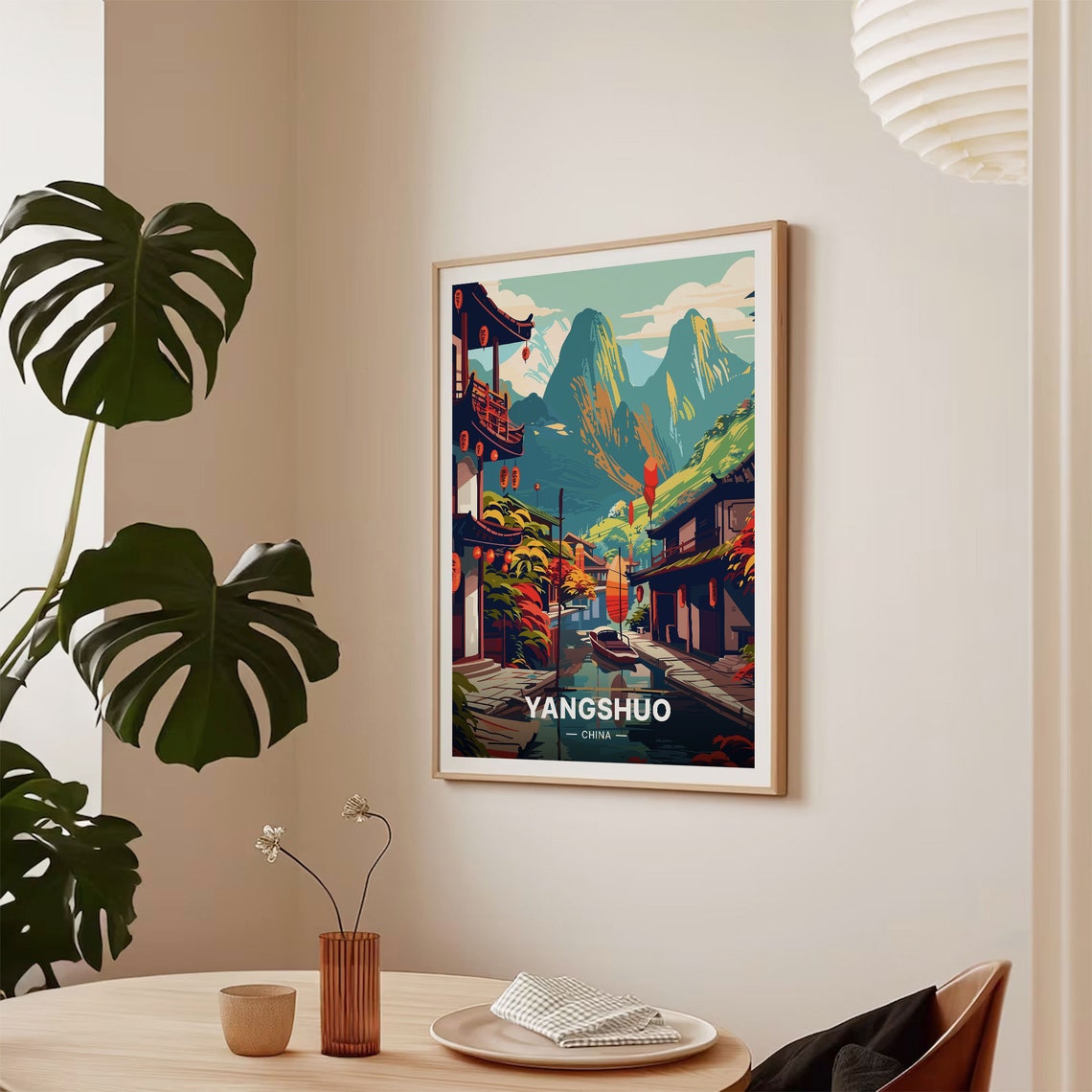 Yangshuo China Karst Mountains Canal Lanterns Vintage Travel Poster - Image 2