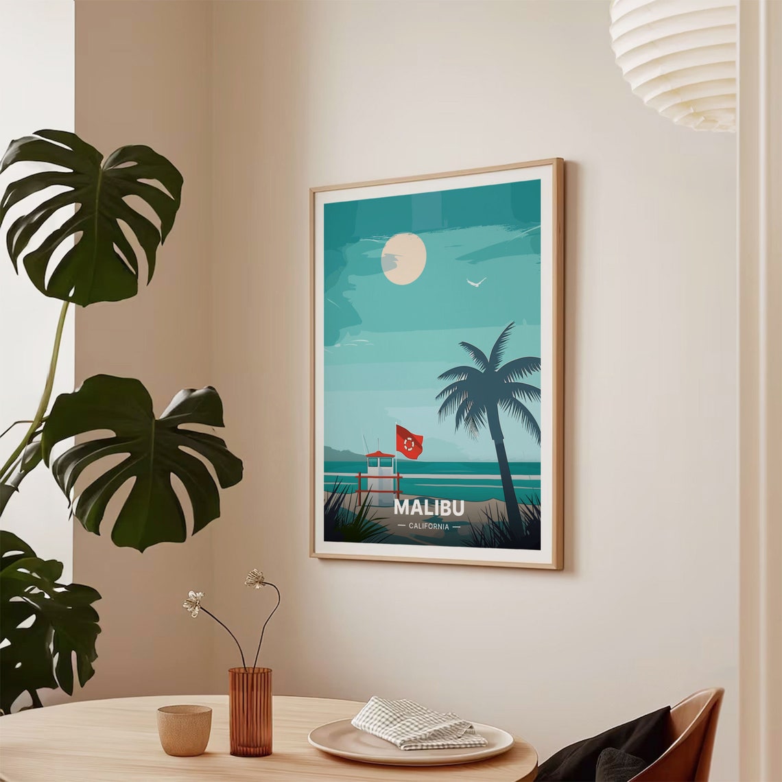 Malibu California Vintage Beach Lifeguard Tower Palm Sunset Poster - Image 2