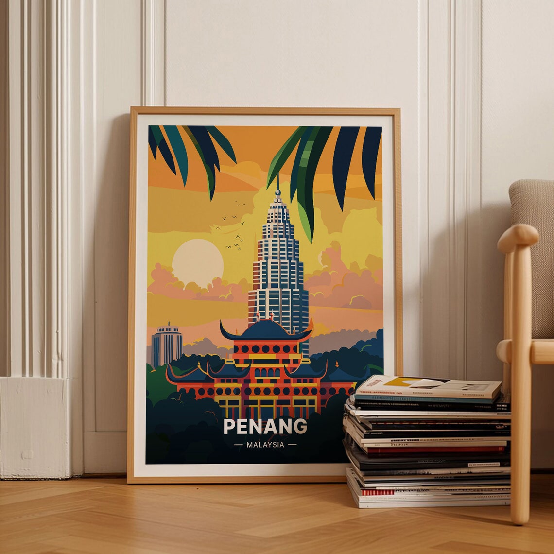 Penang Malaysia Temple Tower Sunset Palm Fronds Travel Poster