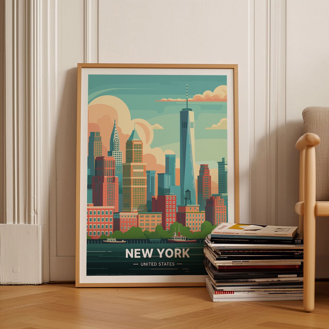 New York City Manhattan Skyline Harbor Sunset Retro Travel Poster