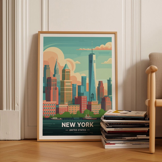 New York City Manhattan Skyline Harbor Sunset Retro Travel Poster